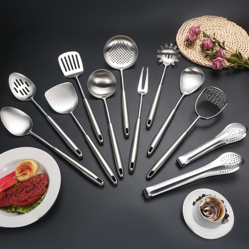 Lazycorner 304 Stainlss Steel Kitchen Utensils Set, 12 Pcs Long Metal Cooking Utensil Gadgets Tools Set with Spatula, Ladle, Spoon, Ladle, Skimmer, Tunner, Pasta Server, Tongs(Silver, Dishwasher Safe) - Image 2